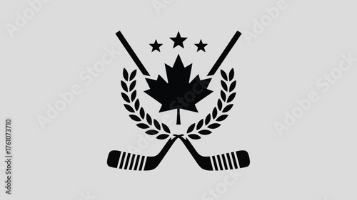Celebrate Canada's hockey passion with this sporty logo design featuring crossed sticks, a maple leaf, stars, and laurel wreath for winning teams