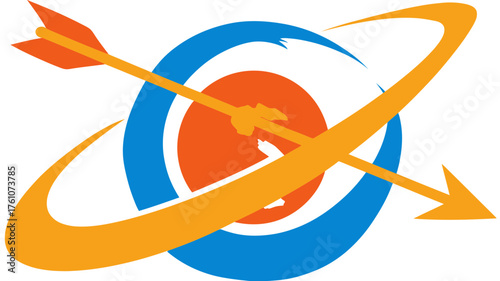 Abstract target with arrow piercing through, surrounded by an orbital ring, symbolizing global business success, strategy, and achievement.