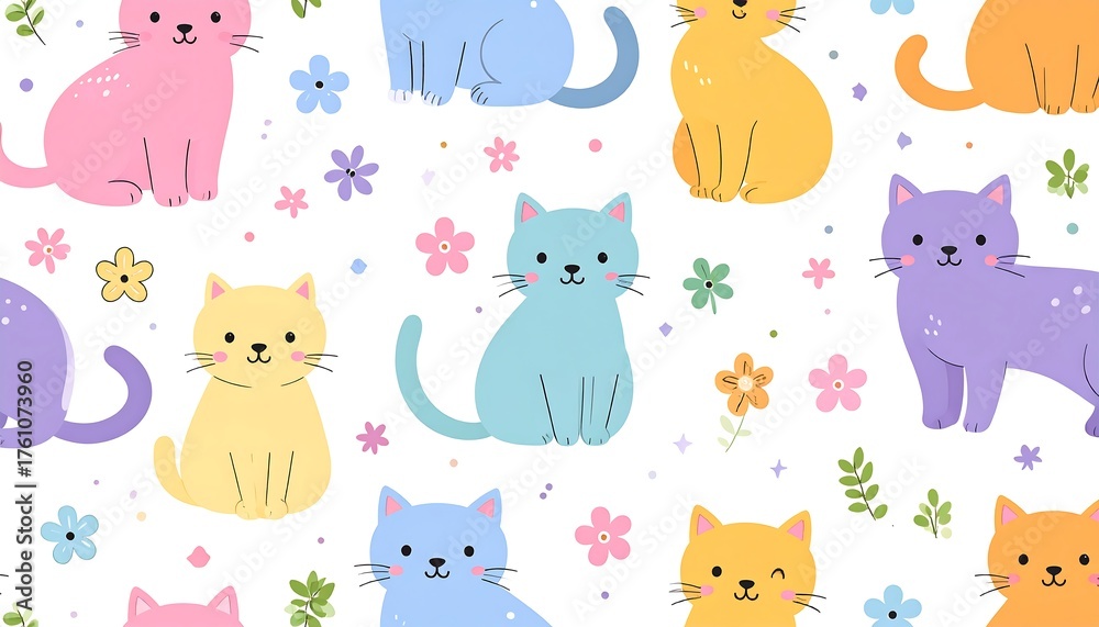 Obraz premium Cute cartoon cats and flowers pattern