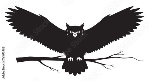 Silhouette of an owl with outstretched wings perched on a branch isolated on transparent background