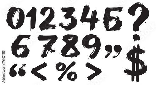 Brush stroke numbers and symbols isolated on transparent background