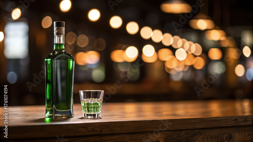 Green liquor bottle green cocktail glass wooden bar warm bokeh moody light rustic pub copy space night beverage