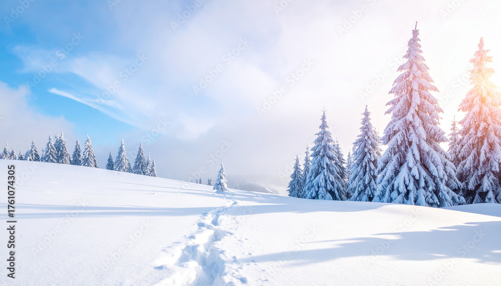 Obraz premium Snowy forest landscape with bright sunlight and blue sky.