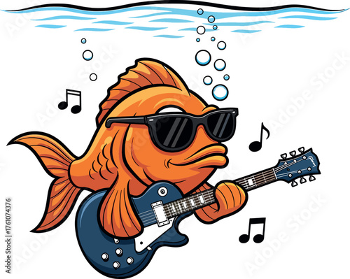 Goldfish Playing Electric Guitar Underwater.