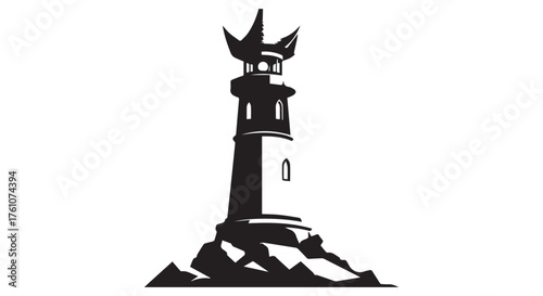 Stylized lighthouse silhouette standing tall on a rocky outcrop, isolated on transparent background