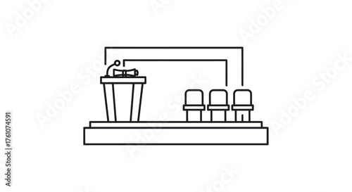 Line art illustration of a stage with podium microphone and audience chairs.