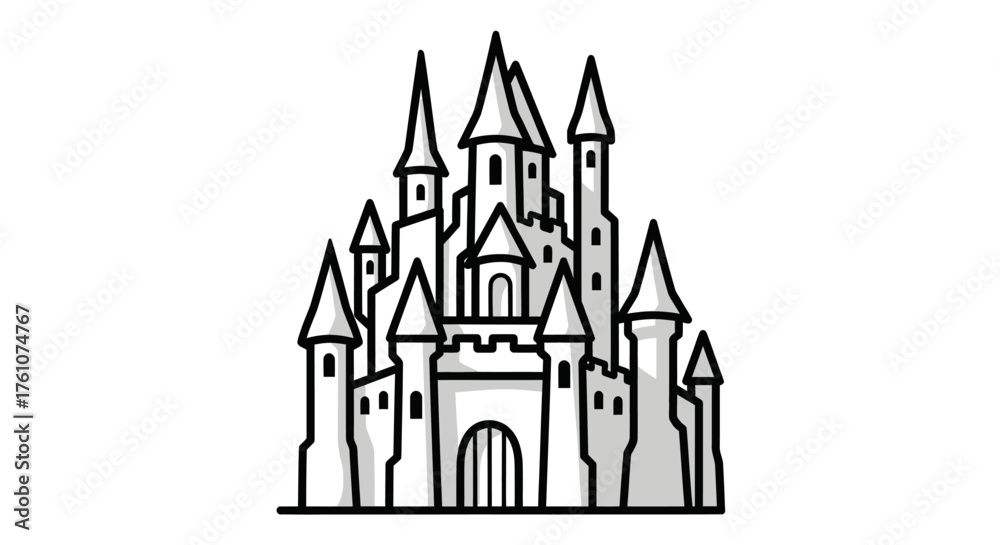 Naklejka premium Hand-drawn doodle of a medieval fantasy castle with high towers and a large gate.