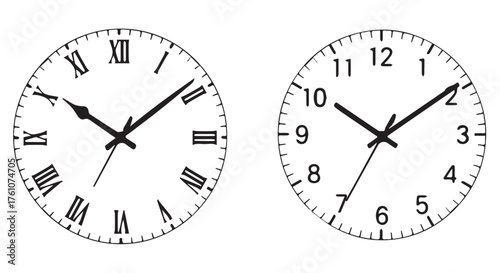Two clocks showing different times, one with roman numerals isolated on transparent background