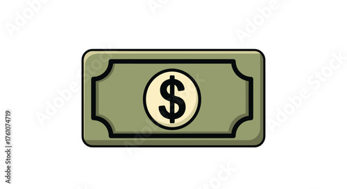 A simple green cartoon dollar bill icon with a central dollar sign symbol.