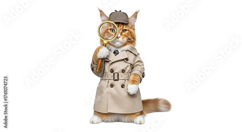 Maine Coon cat detective in trench coat and deerstalker hat holding magnifying glass, curious, isolated on transparent background