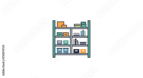 Colorful Illustrated Storage Shelf Unit with Books and Boxes.
