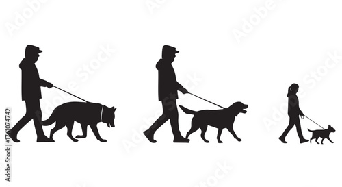 Silhouettes of people walking dogs of varying sizes isolated on transparent background