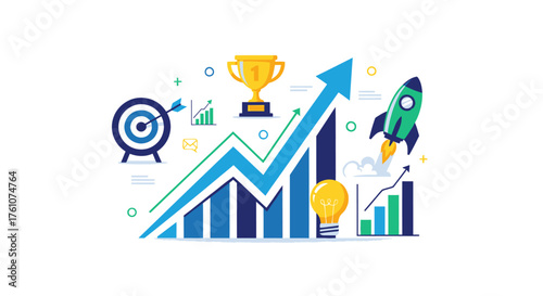 Colorful Business Growth Chart with Rocket and Trophy.