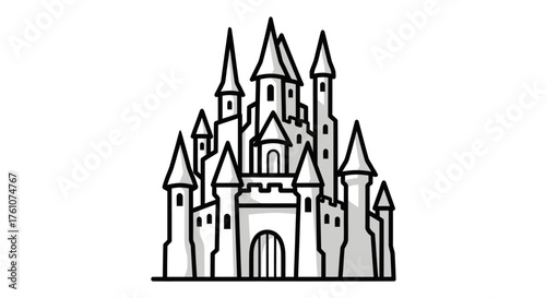 Hand-drawn doodle of a medieval fantasy castle with high towers and a large gate.