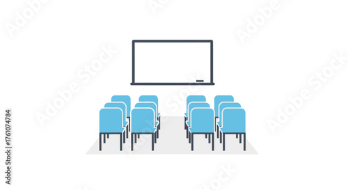 Empty classroom or meeting room with blank whiteboard and blue chairs.