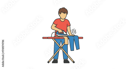 Cartoon illustration of a young man ironing blue pants on an ironing board with steam.