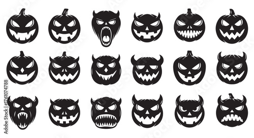 Collection of spooky halloween pumpkin and devil faces isolated on transparent background