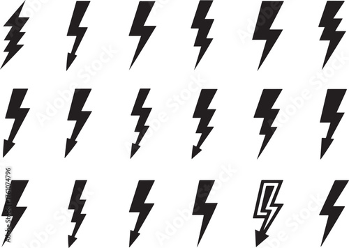 Lightning bolt. Distressed black lightning bolt icons with grunge texture. Bold electric power symbols, punk vintage rock style logos, posters and flash stickers. Vector set