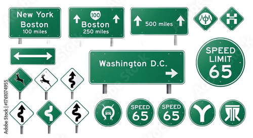 Collection of various green road signs including directional, warning, and speed limit signs, isolated on transparent background