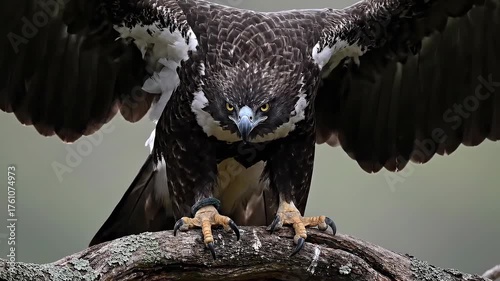 Majestic eagle with wings spread perched on a branch with intense eyes