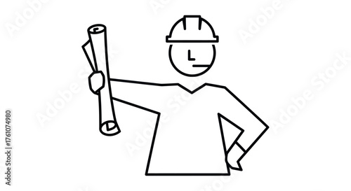 Line art icon of an architect or engineer holding rolled blueprints.