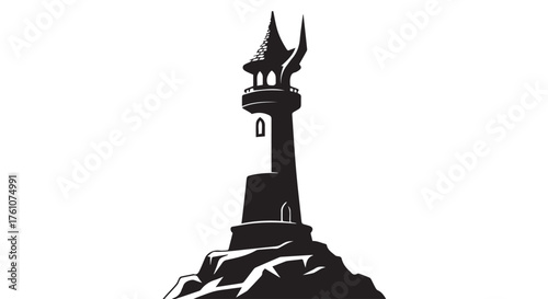Silhouette of a spooky lighthouse on a rocky outcrop, isolated on transparent background