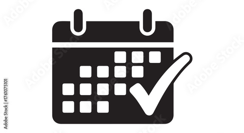 Black calendar icon with a green checkmark, isolated on transparent background