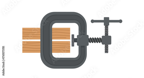 A C-clamp tool securely holding two pieces of wood Flat design illustration for woodworking.