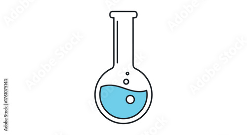 Simple illustration of a round-bottomed laboratory flask filled with blue liquid and bubbles.
