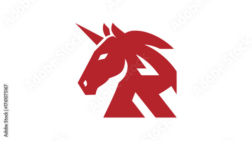 Striking Red Unicorn Head Logo Design with an Abstract R Letterform, Mythical Creature Iconography. Fantasy Animal Graphic.