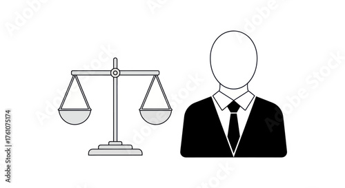 Law and justice concept with a balance scale and a faceless attorney pictogram.