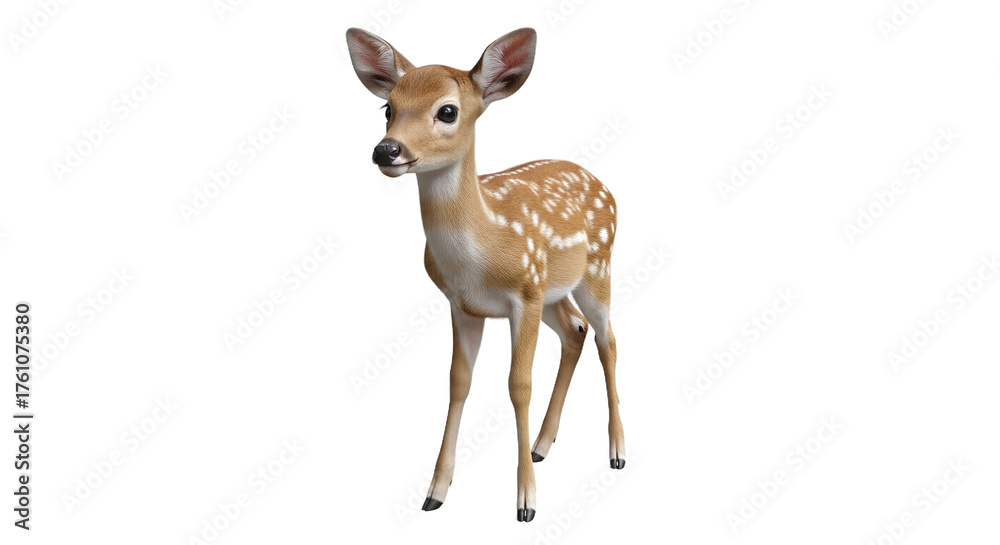 Fototapeta premium Cute fawn with brown fur and white spots standing isolated on transparent background