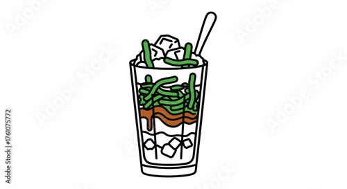 Refreshing Iced Dessert Drink with Green Jelly and Ice Cubes.