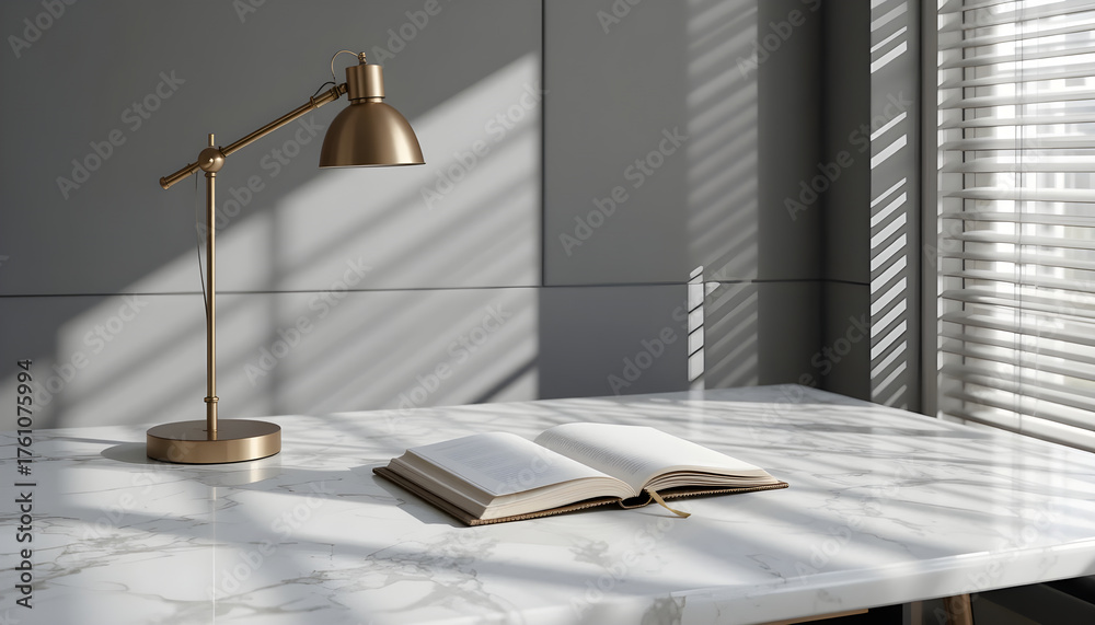 Fototapeta premium Open Book on White Marble Desk Luxury Office with Gold Lamp and Blinds