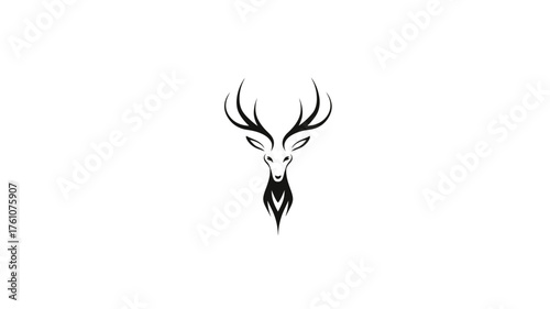Elegant and minimalist black and white deer head illustration with impressive antlers. Stylized buck graphic design element for wildlife concepts.