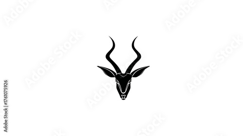 Striking black silhouette vector illustration of an antelope head with elegant, spiral horns on a clean white background, minimalist design.