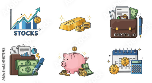 A collection of six colorful cartoon illustrations representing finance investment savings and wealth.