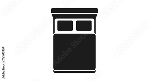 Black Icon of a Double Bed with Pillows and Headboard Top View.