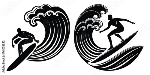 Dynamic surfers riding large waves athletic ocean sport recreation scene vector