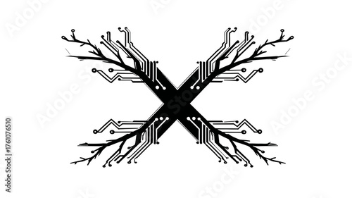Abstract black and white graphic combining tree branches with circuit board patterns, representing digital nature fusion and technological growth.