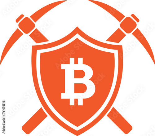 Orange bitcoin mining shield with crossed pickaxes, symbolizing cryptocurrency security and digital asset protection, isolated on white background