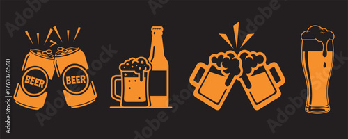 A collection of orange icons representing beer and alcoholic beverages, including cans, bottles, mugs, and glasses, on a black background, symbolizing celebration and refreshment