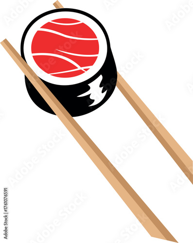 A single piece of sushi, likely a maki roll with red filling, is held diagonally by two wooden chopsticks, isolated on a white background, symbolizing japanese cuisine and dining