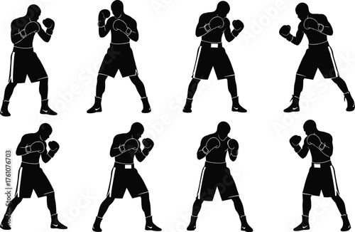 Boxer silhouette, fighting stance, boxing pose, martial arts, combat training, athlete movement, sports action, gloves raised, defensive technique, fitness