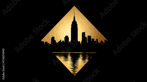 Golden urban skyline silhouette with prominent skyscraper and reflection, set in abstract diamond shape on black background. Modern luxury architecture.