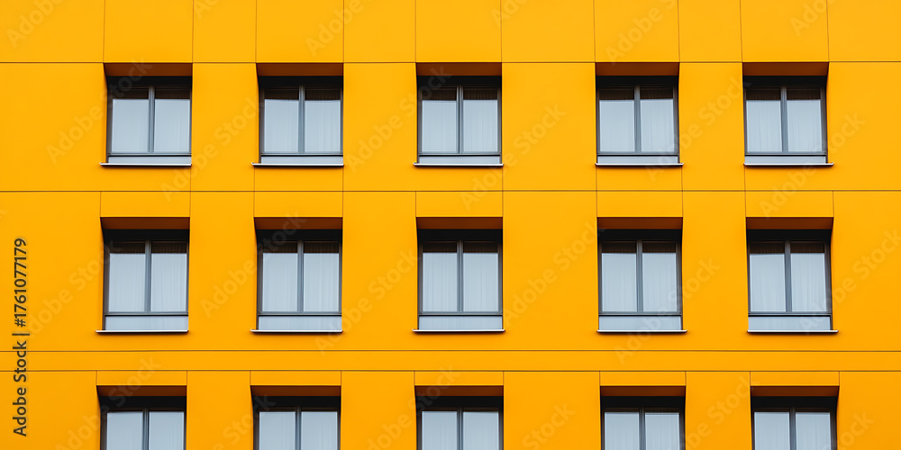 Fototapeta premium A vibrant yellow building facade features symmetrical rows of rectangular windows, creating a visually striking architectural pattern against the bright backdrop, and emphasizing modern design.