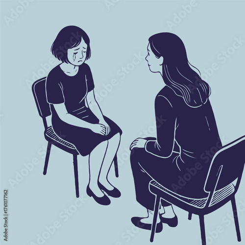 Woman comforting a crying girl during emotional conversation on chairs indoors. Concept of mental health support
