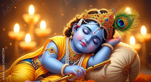 Sleeping Baby Krishna with Peacock Feather and Candles