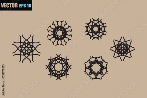 Collection of intricate black geometric mandala like designs with radial symmetry and detailed patterns on a neutral background