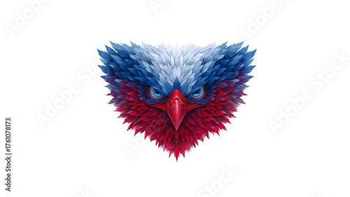 Stylized fierce eagle head illustration with red, white, and blue feathers on a white background. Powerful patriotic bird emblem.